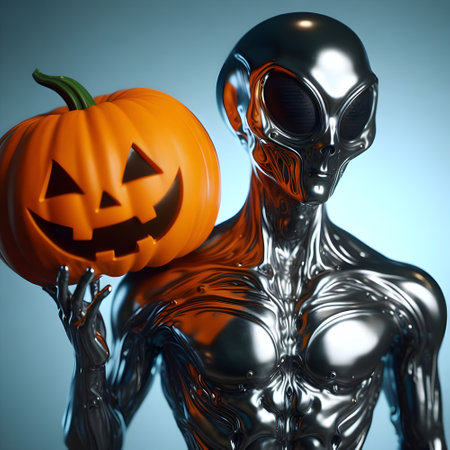 3d render of an alien with a pumpkin on a blue backgroundの素材