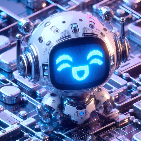 3D rendering of a robot head with a smiley face on a circuit boardの素材