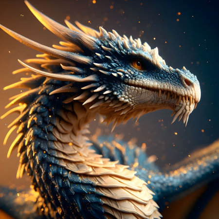 3D rendering of a fantasy dragon isolated on a black background.の素材