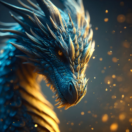 3d rendering of a fantasy dragon with golden lights and smoke insideの素材