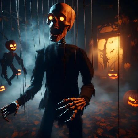 Halloween concept. Scary man in a dark room with pumpkinsの素材