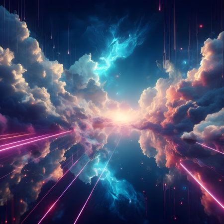 Futuristic background with bright rays of light shining through the cloudsの素材