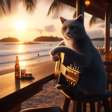 Cute cat with guitar and glass of whiskey on the beach at sunsetの素材