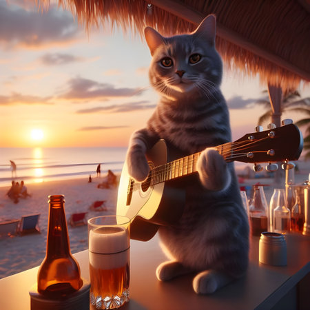 Cute cat with guitar and beer on the beach at sunset.の素材