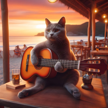 Cute cat playing guitar and singing on the beach at sunset.の素材