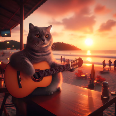 Cute cat playing guitar on the beach at sunset time. Vintage toneの素材