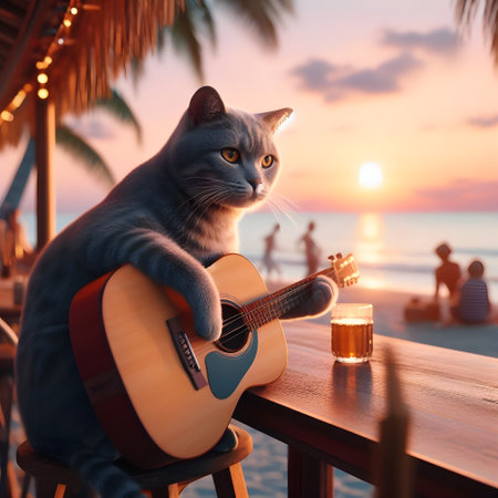 Cat playing guitar on the beach at sunset. 3D rendering.の素材