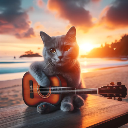 Cat playing guitar on the beach at sunset. Vacation concept.の素材