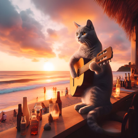 Cat playing guitar on the beach at sunset. Vacation concept.の素材