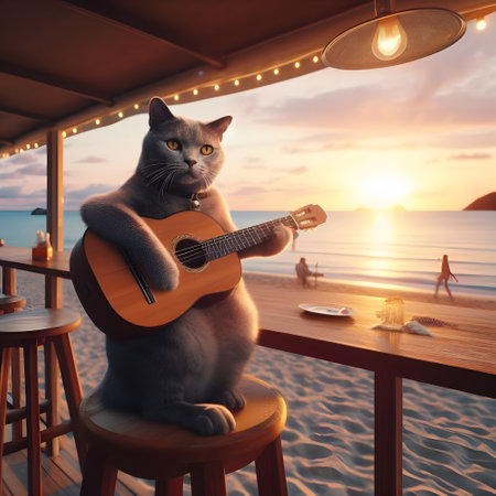 The cat plays the guitar on the beach. 3d rendering.の素材