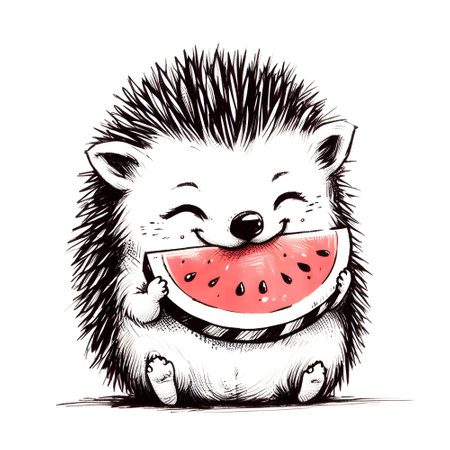Cute hedgehog with watermelon. Vector hand drawn illustration.の素材