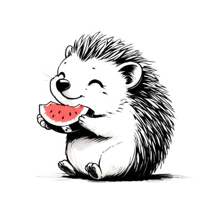 Cute hedgehog eating watermelon. Hand drawn vector illustration.の素材