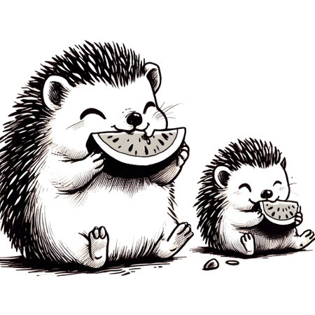 Hedgehog and hedgehog eating watermelon. Vector illustration.の素材