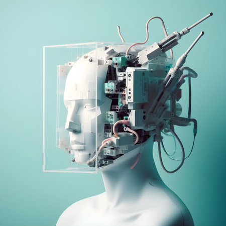 3d rendering robot head with circuit board on turquoise backgroundの素材