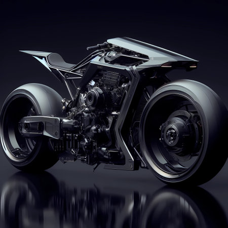 3D rendering of a brand-less generic motorcycle on black backgroundの素材