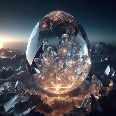 Abstract 3d illustration of crystal ball on the background of mountains and sky.の素材