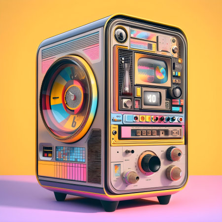 Retro radio on orange background. 3d illustration. Vintage style.の素材