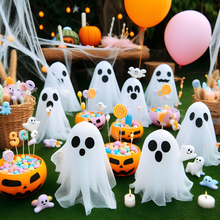 Halloween decoration with ghost and candy in basket on green grass backgroundの素材