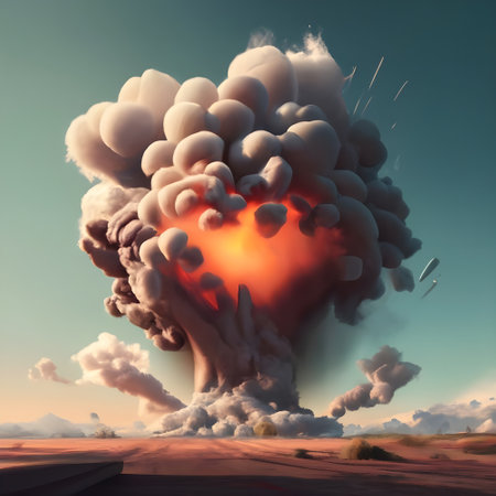 Explosion in the desert at sunset. 3d render illustration.の素材