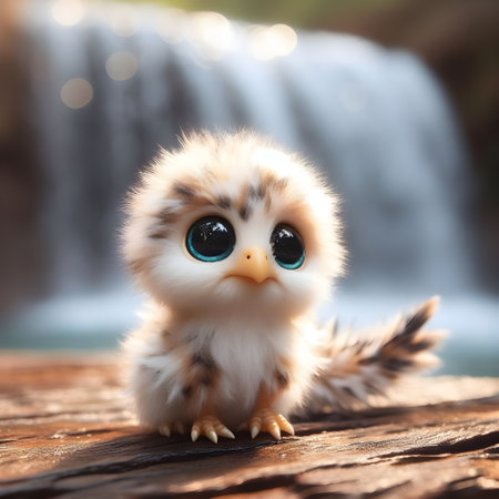Cute little chicken with blue eyes on a background of waterfall.の素材