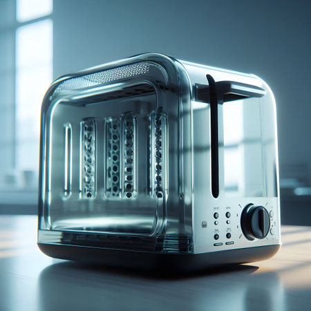 Modern electric toaster on the table in the kitchen. 3d renderingの素材