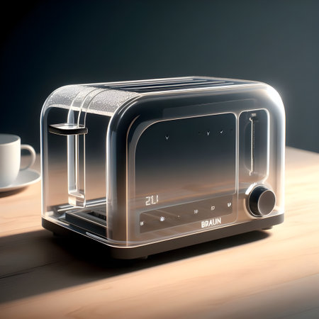 Modern toaster on a wooden table. 3d render illustration.の素材