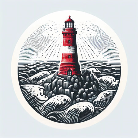 Lighthouse in the sea. Hand drawn vector illustration in retro style.の素材