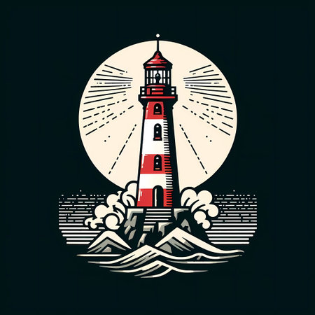 Lighthouse on the background of the sea and the sun. Vector illustrationの素材