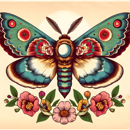 Vintage moth illustration detailed with pretty retro colors.の素材