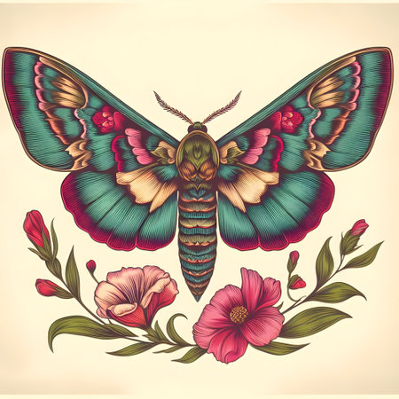 Vintage moth illustration detailed with pretty retro colors.の素材