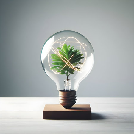Glass light bulb with green plant inside. Ecology concept. 3D Renderingの素材