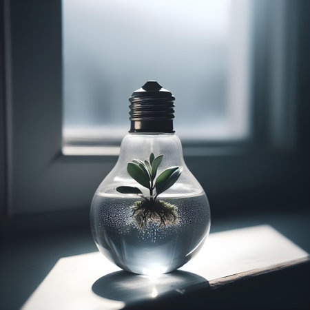 Green plant growing inside of a light bulb on a window sill.の素材