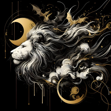 Lion head with moon and stars on black background. Vector illustration.の素材