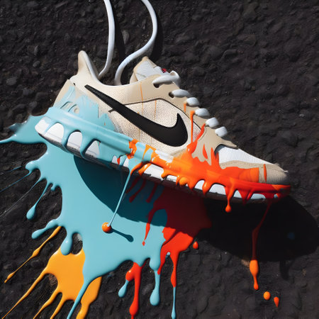 Painted sneakers on a black background with splashes of paint.の素材