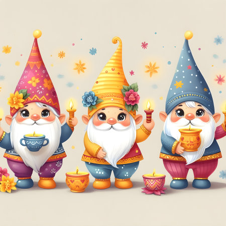 Cute cartoon gnomes with candles. Christmas greeting card. Vector illustration.の素材