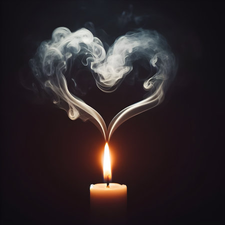 Burning candle in the shape of a heart with smoke on a black backgroundの素材