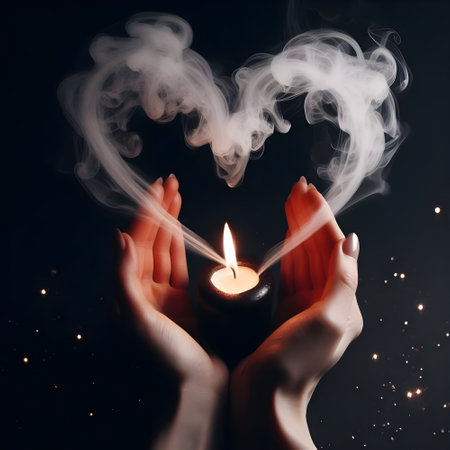 Female hands holding a burning candle in the shape of a heart on a black backgroundの素材