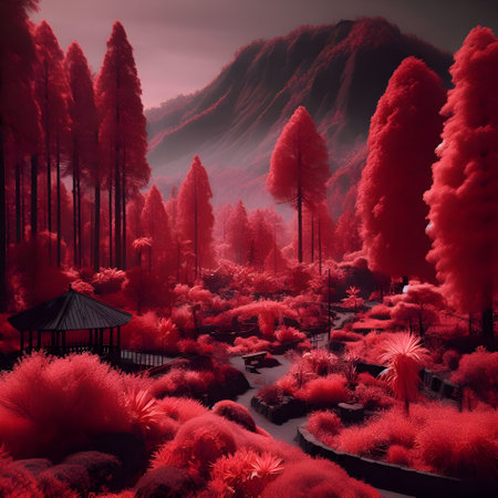Fantasy landscape with red forest. 3D illustration. Fantasy forest.の素材