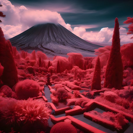 Fantasy landscape with red trees and clouds. 3D illustration.の素材