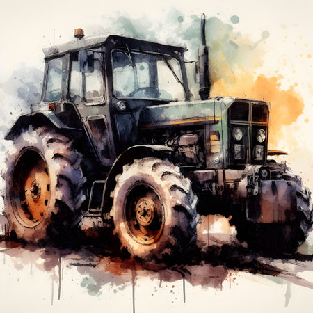 Modern tractor. Watercolor painting on a white background. Digital illustration.の素材
