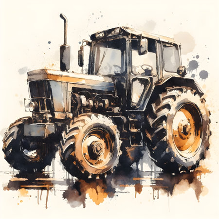 Watercolor painting of old tractor on a white background. Industrial illustrationの素材