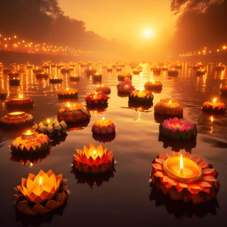Loy Krathong festival in Thailand, water lily candle light.の素材