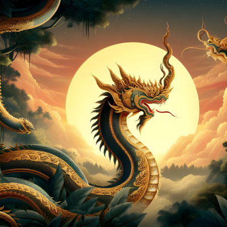King of Nagas and full moon in the jungle. 3D illustration. Fantasy world.の素材