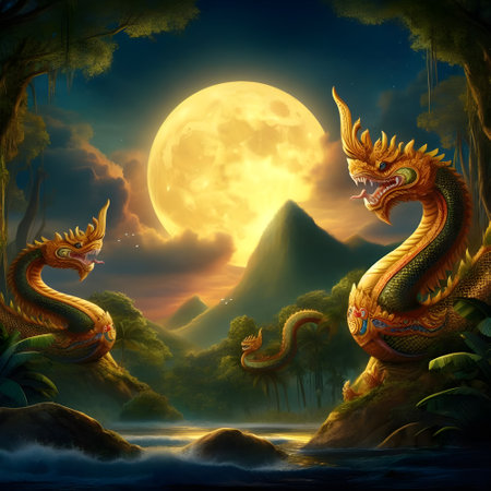 King of Nagas and full moon in the jungle. 3D illustration. Fantasy world.の素材