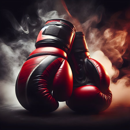 Muay Thai  Boxing gloves on a wooden stand in a boxing ring. Close-up.の素材
