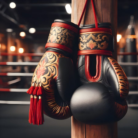Muay Thai  Boxing gloves on a wooden stand in a boxing ring. Close-up.の素材