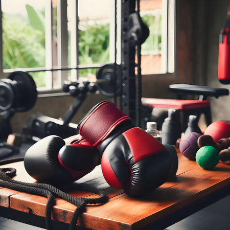 Boxing gloves and kettlebells on a table in a gymの素材