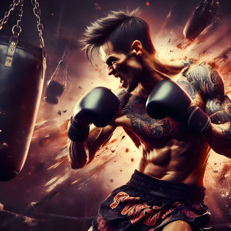 Handsome young man with tattooed body and boxing gloves.の素材