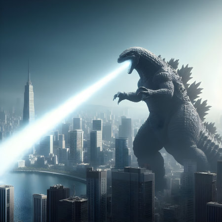 Dinosaur with a light beam over the city. 3d renderingの素材