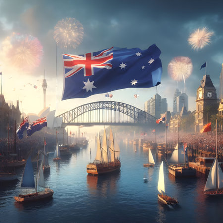 Happy New Year and Merry Christmas in Australia concept with fireworks and Australian flag.の素材
